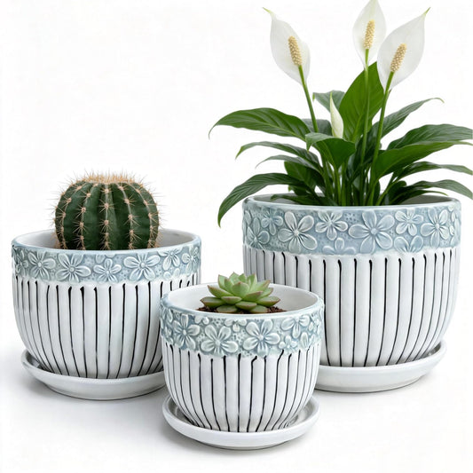 FOLKLORE13 Vintage Flower Pots for Indoor Plant, Round Ceramic Plant Pots with Drainage Holes and Saucers, 6.7/5.2/3.9 Inches Retro Flower Planters Set of 3