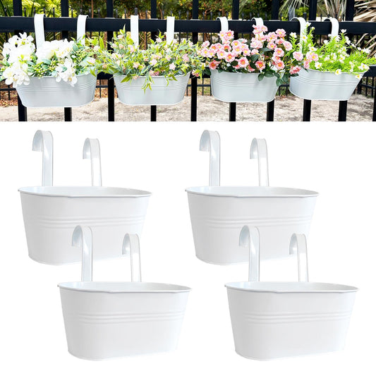 Joyfernal 12" Balcony Railing Planters, Outdoor Hanging Planter for Fence, Stylish Metal Porch Deck Flower Pot for Herbs & Succulents (White, Pack of 4)