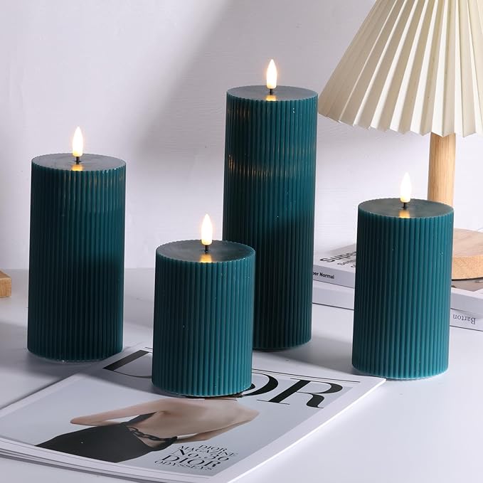 Green Ribbed Flameless Pillar Candles with Remote, Flat Top Flickering LED Wax Battery Candles Set of 4, Φ 3" H 4" 5" 6" 8"