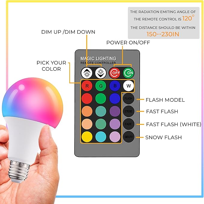 Droiee Dimmable E26 Warm LED Light Bulb, 6W RGBW Color 500LM with 16 Color Changing Modes for Christmas, Party etc with Remote Control 2 Pack