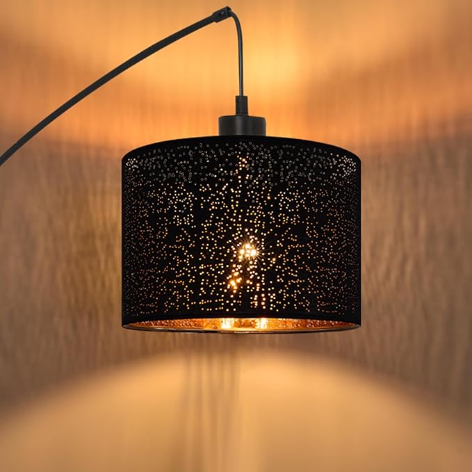 Dimmable Floor Lamp-3 Lights Arc Floor Lamps for Living Room,Modern Tall Standing Lamp With Black Drum Hollow-carved Linen Shades,Gothic Mid Century Tree Floor Lamp for Bedroom Corner,Bulbs Included