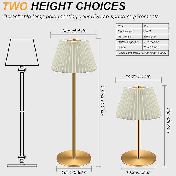 Cordless Small Table Lamp, 4000mAh Rechargeable Battery, Touch Control 3-Color & Stepless Dimming, Portable LED Mini Lamp with Beige Shade for Bedroom, Office, Dining Table, Outdoor Camping
