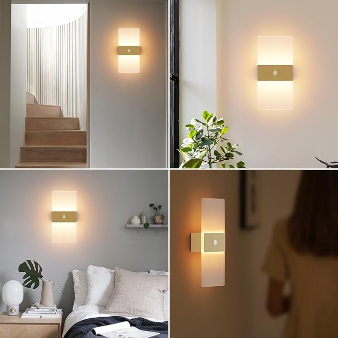 2 Pack Motion Sensor Gold Wall Lights, Morden Cordless Battery Operated LED Wall Lantern, Warm Light Wireless Decorative Gold Wall Sconces for Bedroom Living Room Hallway Garden Garage