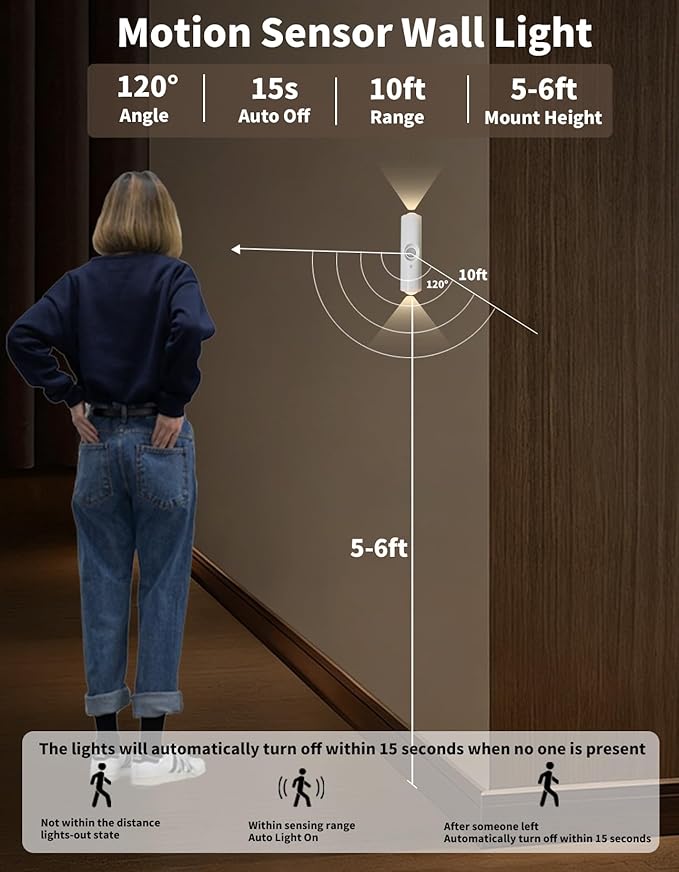 Motion Sensor Wall Lamp, Motion Sensor Light Indoor, Smart Night Light, Rechargeable Sensor Bathroom Light, Magnetic Mount lamp for Bedroom, Bathroom, Courtyard, Livingroom (White-3 Color)
