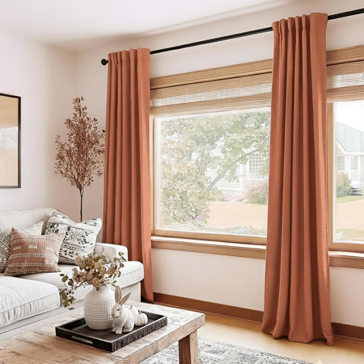 Skiennix 100% Blackout Linen Curtains - Thermal Insulated Drapes for Bedroom | 84" Long, Burnt Orange, 2 Panels Set