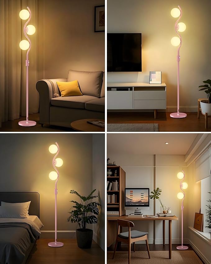 Lightdot 60IN Dimmable Pink Floor Lamp Mid Century Standing Lamps with 3Pcs 3000K Warm White Bulbs Included Dimmable Globe Modern Tall Lamp with Stable Base for Bedroom/Office/Sofa Beside/Corner Decor