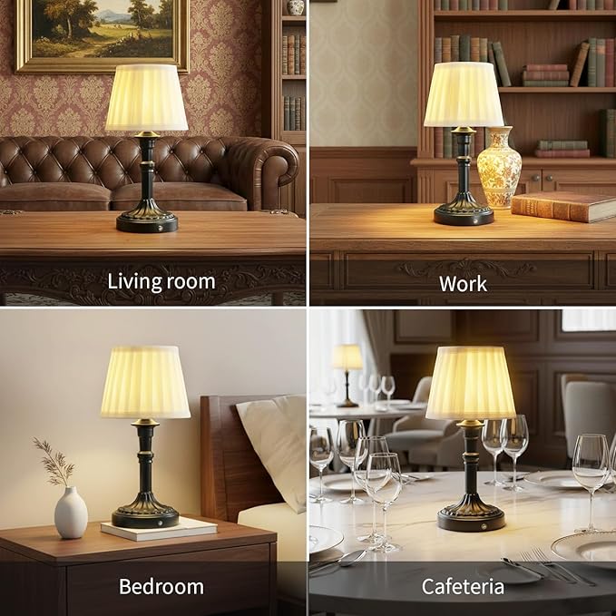Cordless Table Lamp,Portable Fabric Shade LED Des Lamps,5200mAh Battery Operated,3 Color Stepless Dimming Up,for Restaurant, Bedroom, Camping, Bar, Coffee Shop, Night Light (Black)