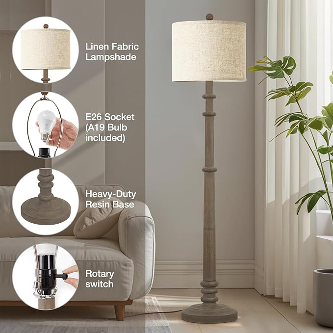 Floor Lamps for Living Room - 60" Resin Farmhouse Floor Lamp with Adjustable Color Temperatures - Vintage Standing Lamp Reading Light with Linen Shade Retro Tall Lamp for Bedroom Office, Grey