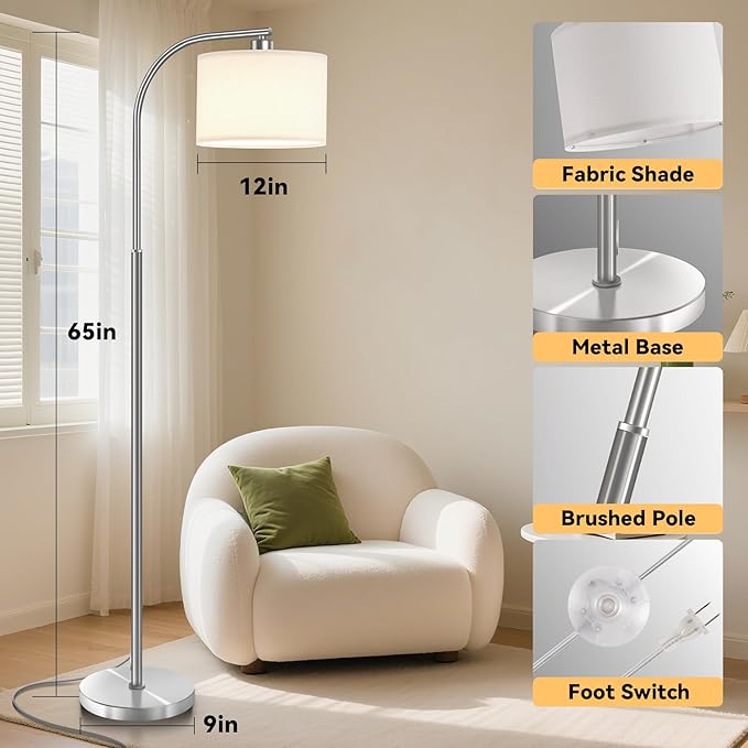 Floor Lamp for Living Room,65'' Modern Standing Lamps with 9W LED Bulb,Silver Tall Floor Light with Fabric Shade,3 Color Temperatures Tall Lamp for Bedroom Office Study Room Corner Dining Room