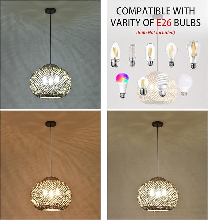 1-Pack 16.94” Rattan Pendant Light Fixture,3-Light Bohemian Handmade Woven Bamboo Rattan Ceiling Suspension Farmhouse Pendant for Kitchen Island Bedroom Living Room