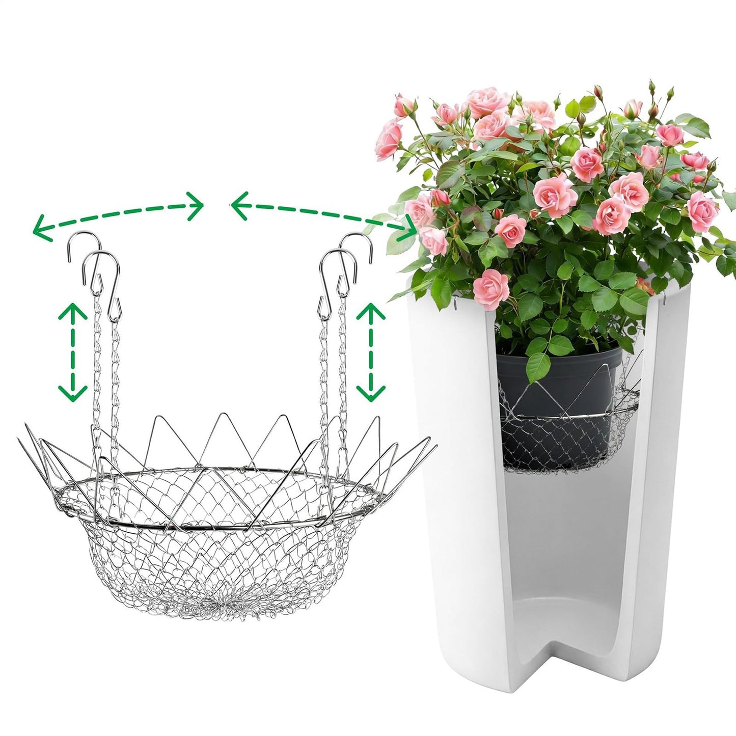 Adjustable Planter Insert - Stainless Steel Rustproof Pot with Hanging Chains | Heavy Duty Expandable Plant Filler, Durable Mesh Base, Easy Lift Design & Secure Placement for Indoor Outdoor Flowers Po
