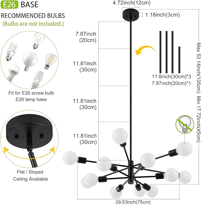 Sputnik Chandelier, Black Modern Chandeliers, Mid Century Ceiling Lighting Fixture for Living Room, Kitchen, Bedroom, Dining Room, Farmhouse (12-Light)