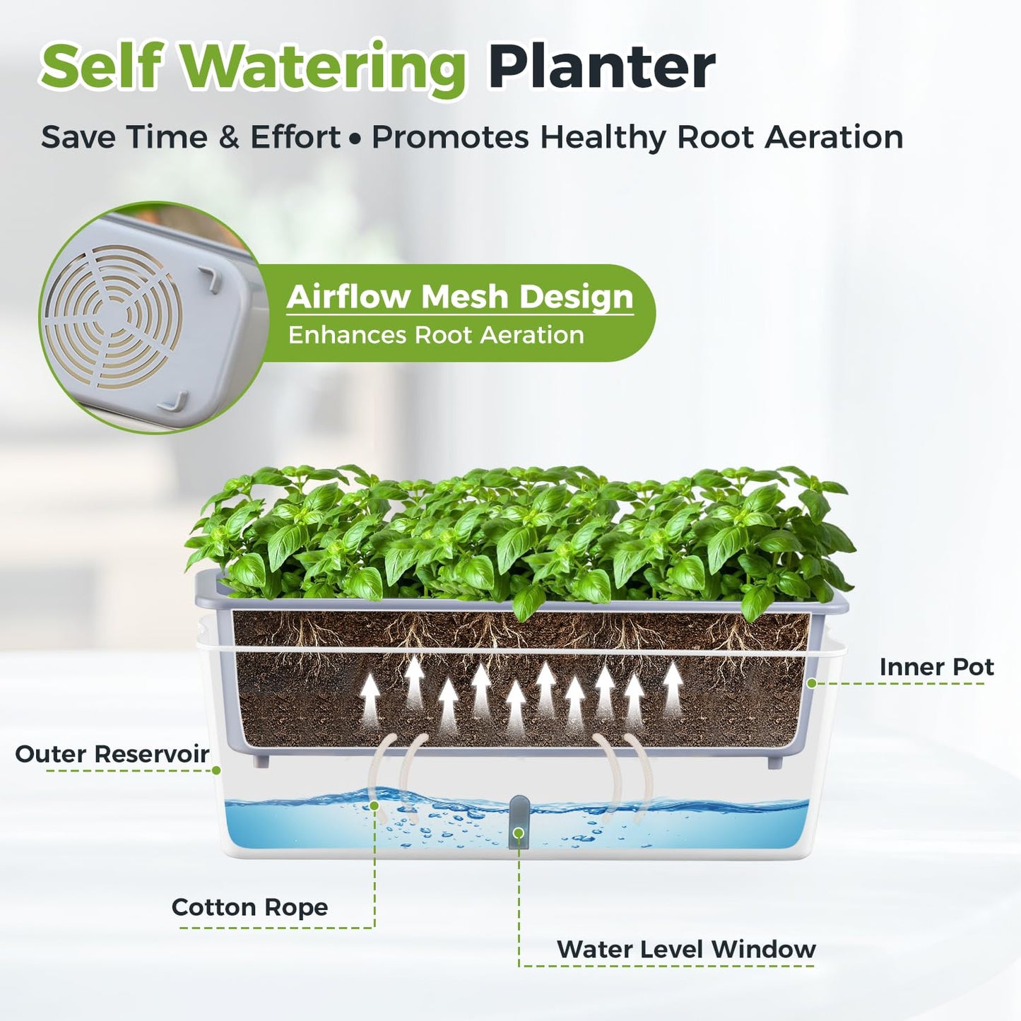 2 Pack Rectangular Planter 17 x 4.5 in Self Watering Planter Window Sill Planters Indoor Rectangle Planter Self Watering Pots Plastic Plant pots with Drainage Holes White Flower Pot Indoor