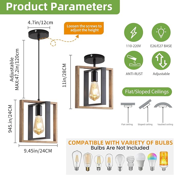 3 Pack Farmhouse Pendant Light Fixture, Black Kitchen Island Pendant Lights, Industrial Metal and Vintage Wood Hanging Light, Adjustable Height Rustic Ceiling Lamp for Entryway, Dining Room, Foyer