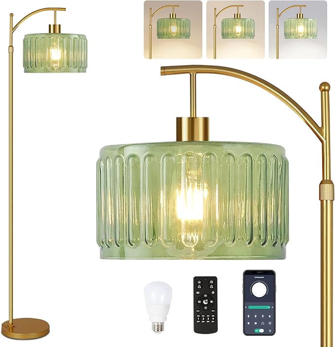 Floor Lamp for Living Room,Bedroom,Gold Dimmable Standing Lamp with Remote,Mid Century Modern Brass Tall Lamp Retro Vintage Glass Lamp Floor Light Boho Bohemian