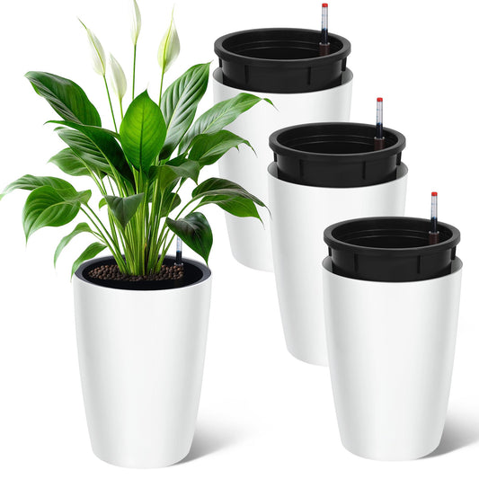 16" Tall Planter Set of 4, Self Watering Pots, Large Planter for Indoor Outdoor Plants, Built-in Drainage and a Water Level Monitor, Tall Planters for Patio, Porch, Living Room, Home Office, White