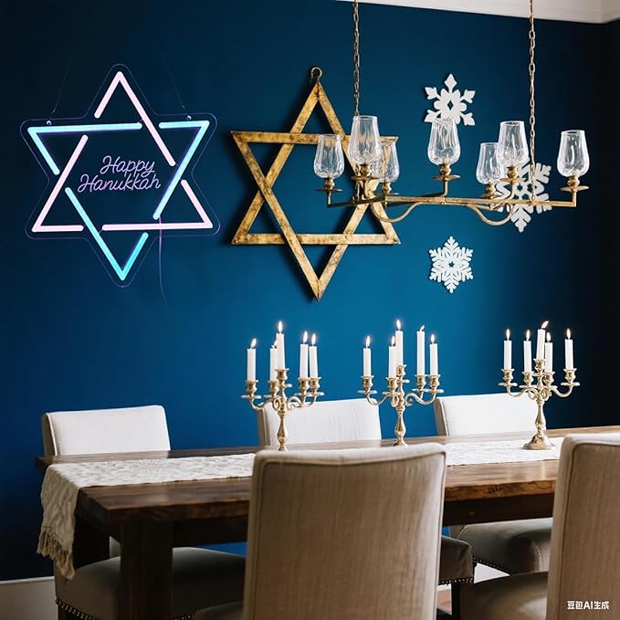 Hanukkah Neon Sign, David Star Pink Blue Gradient LED Light with 'Happy Hanukkah' Lettering, Indoor Holiday Decoration for Home Party