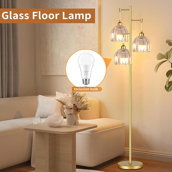 Gold Floor Lamps for Living Room Vintage Floor Lamp with Glass Lmapshape & Three Led Bulb,Glass Floor Lamps Brass Mid Century Modern Standing Lamp Tall Tree Flower Floor Lamp for Bedroom,Office,Corner