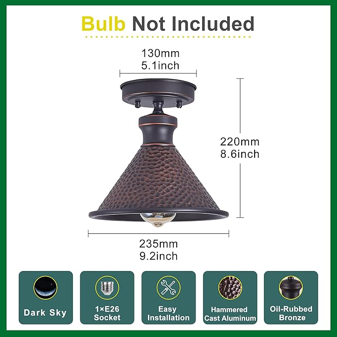 9.2" Industrial Semi Flush Mount Ceiling Light,Vintage Hammered Pattern Cast Aluminum Shade,1-Light E26 Classic Lamp,Oil Rubbed Bronze Farmhouse Lighting for Hallway Kitchen Entryway.
