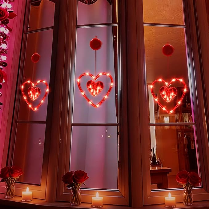 LOLStar 3 Pack Valentines Day Window Lights Decor with Timer, Battery Operated Red Heart-Shaped Window Decorations Silhouette Sucker LED Lamp Slow Fade Mode Hanging Lights for 2026 Holiday Indoor Home
