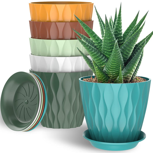 GDJUQZ 6 Pack 7 Inch Indoor Plant Pots with Drainage Holes, Outdoor Plastic Decorative Flower Pots, Garden Planters with Tray Saucers for Orchids, Violets, Succulents, Herbs, and Other Plants