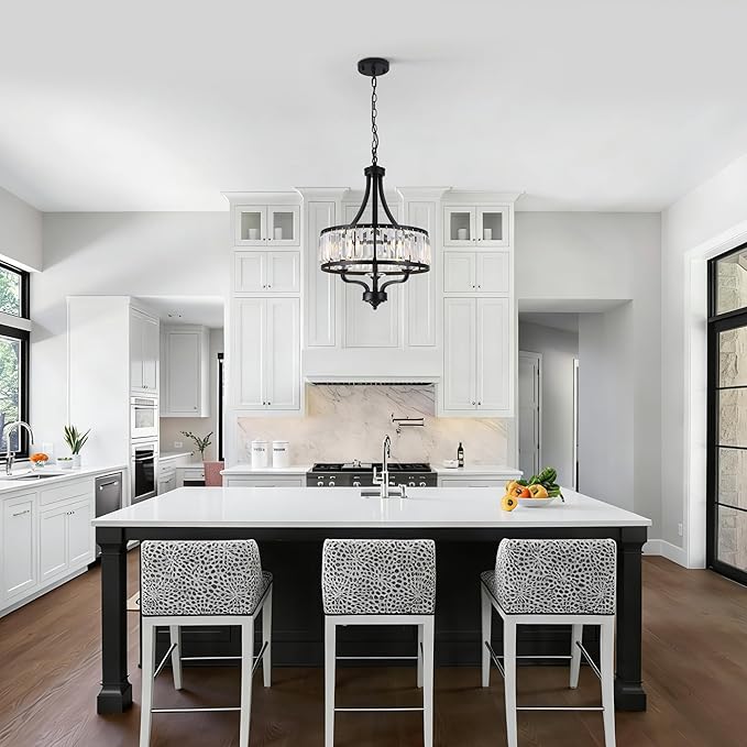 15.75 " Modern Black Crystal Chandelier,3-Light Farmhouse Dining Room Light Fixture Over Table Adjustable Height Hanging Industrial Pendant Lights Kitchen Island,Living Room Kitchen Island Entryway