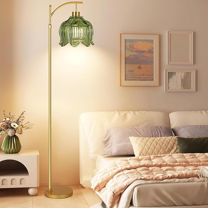 Green Floor Lamp for Living Room,Bedroom,Gold Dimmable Standing Lamp with Remote,Mid Century Modern Brass Tall Lamp Boho Floor Lamps Arc Vintage Glass Flower Floor Light Lamp Girls Bohemian