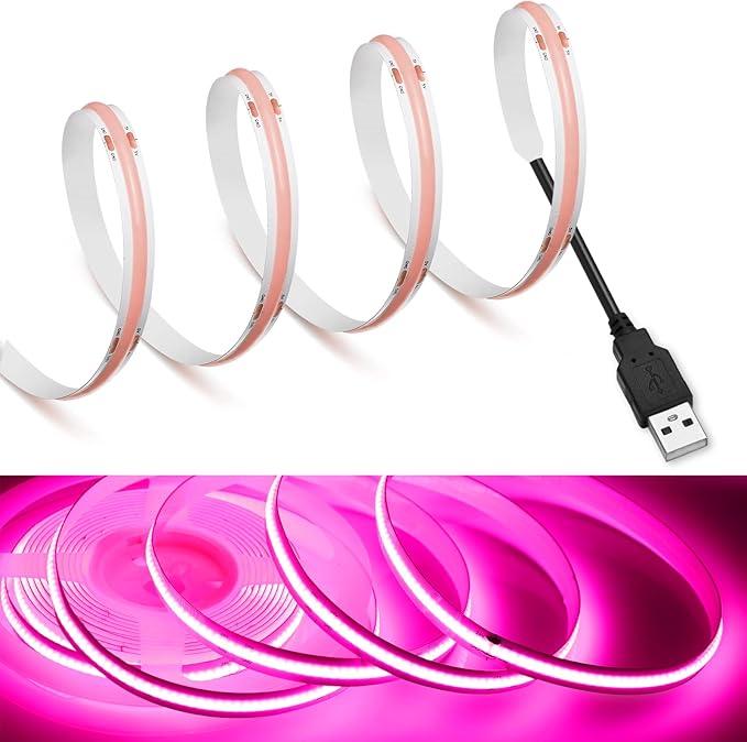 MDee】COB LED Strip Lights Pink 16.4ft/5m USB Powered 5V Flexible LED Tape Lights with USB Connector CRI 90+ 800LM/m 320LEDs/m for Indoor and Outdoor Décor（Pink16.4ft/5m）