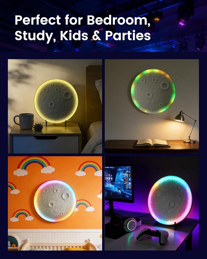 3D Moon Lamp – 3D Printed PLA Floating Moon, APP & Manual Control, RGB Music-Sync, Desktop & Wall-Mountable Night Light for Home, Kids, Party (Moon 8.6lnches)