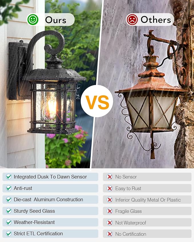 VIANIS Black Outdoor Lights for House, Dusk to Dawn Light Fixture, Waterproof Wall Lights, Porch Lights Outdoor for House, Garden, Garage, Entryway, Anti-Rust