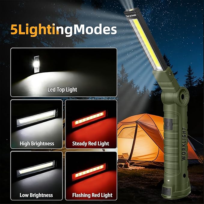 LED Work Light Rechargeable Flashlight, Easter Tool Gifts for Men Boyfriends Him Husband Mechanic Torch Grill Light Inspection Lamp Magnetic Base 5 Modes 360° Rotate Car Emergency Repair Green 4PCS