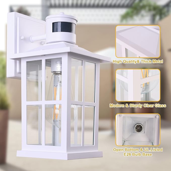 Outdoor Motion Sensor Light, Black Exterior Wall Lighting Fixtures,Dusk to Dawn Motion Sensor Outdoor Lights, Waterproof Front Porch Light Lantern for Garage, Patio. (White, 1 Pack)