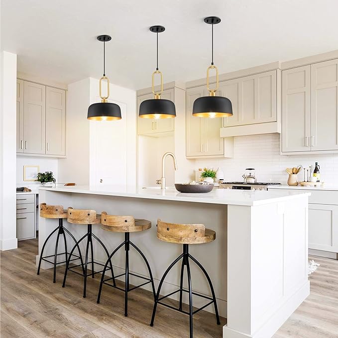 Industrial Pendant Lighting Fixture, Black and Gold Farmhouse Pendant Light, Adjustable Kitchen Lights Ceiling Hanging for Kitchen Island Hallway Dining Room 3 Pack
