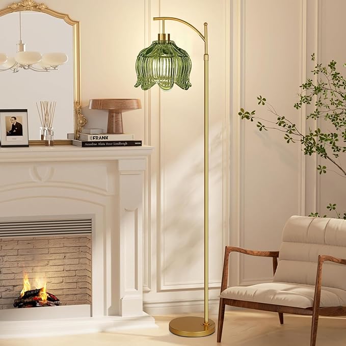 Green Floor Lamp for Living Room,Bedroom,Gold Dimmable Standing Lamp with Remote,Mid Century Modern Brass Tall Lamp Boho Floor Lamps Arc Vintage Glass Flower Floor Light Lamp Girls Bohemian