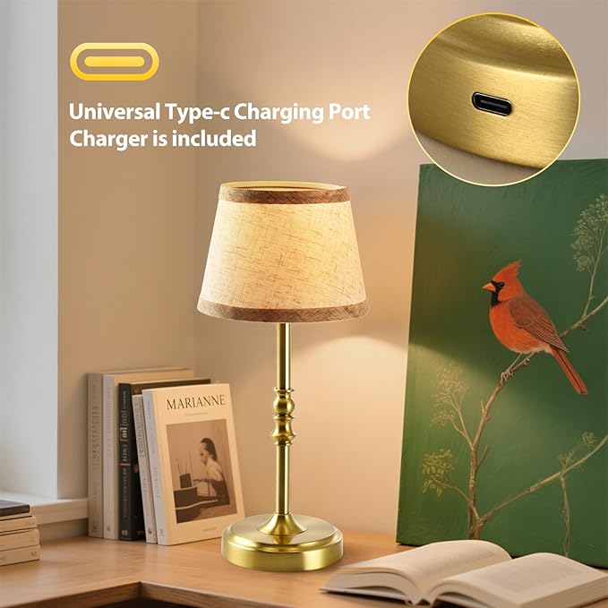 Small Gold Rechargeable Table Lamp,12-14 Inch Tall Vintage Style,Battery Powered Cordless Desk Lamp,Mini Touch Control Bedside Lamp,Warm Light 3000K for Nightstand Bedroom Counter Living Room-2 Pack