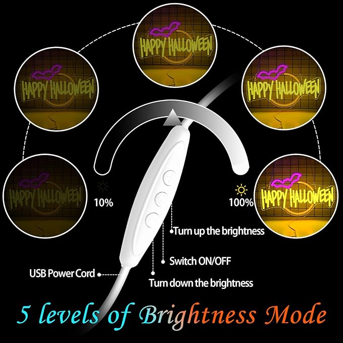 Happy Halloween Neon Sign Bat LED Light Up for Bedroom Home Bar Halloween Decor Trick or Treat Party Backdrop USB Powered