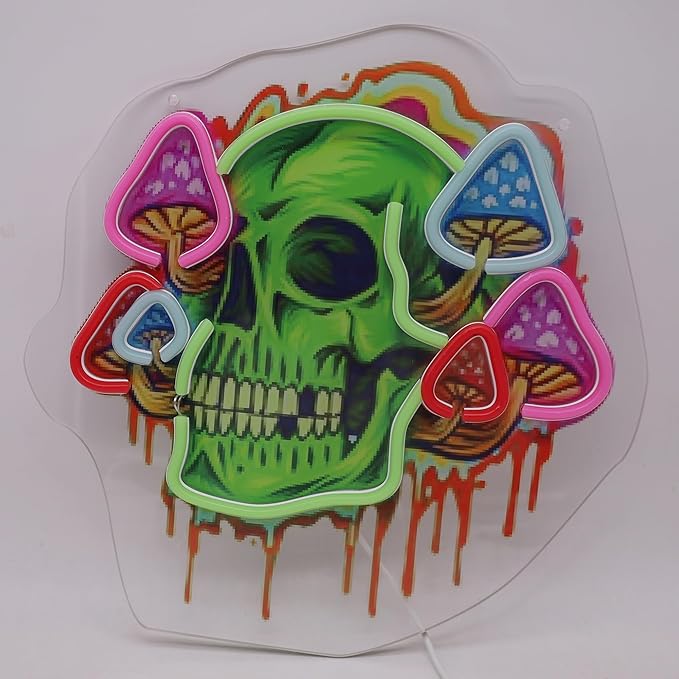 Psychedelic Skull Neon Sign with Printed Backboard, LED Neon Wall Art with Colorful Mushrooms for Man Cave, Bar, Game Room & Studio Decor, USB Powered Birthday Holiday gifts