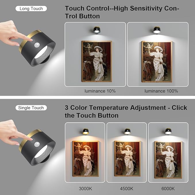 Moobibear Motion Sensor Wall Light Indoor, 3500mAh Rechargeable Battery Operated LED Wall Light, Wall Lamp Wireless with 360 ° Rotation, 3 Color Temperatures for Bedroom, Study, Corridor, Picture