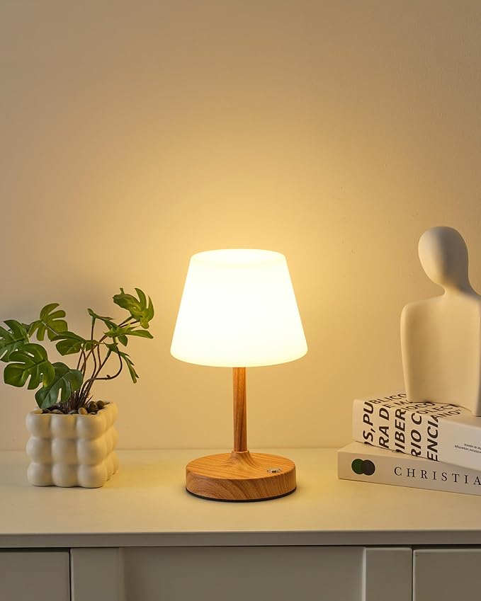 PUSU Cordless LED Wood-Grain Small Table Lamp, Waterproof Shower Light with 4000mAh Battery, Portable Rechargeable Touch Dimming Night Light for Bathroom, Outdoor Camping, Kitchen, Patio, Restaurant