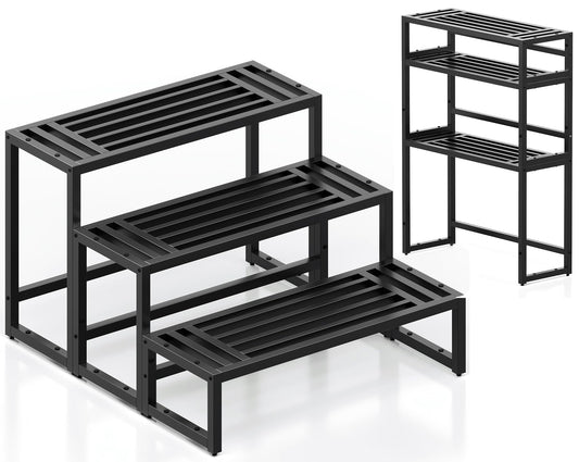 Hongsane Plant Stand Indoor Outdoor,3 Tier Ladder Metal Plant Stands Riser,Heavy Duty Wrought Iron Plant Shelves for Multi Large Pots,Black Tiered Flower Display Holder for Living Room,Patio,Balcony