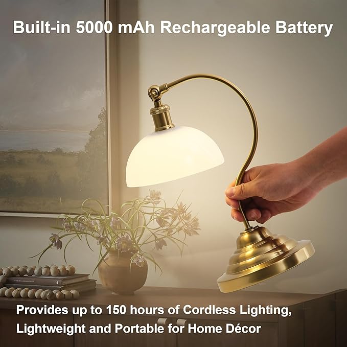 Cordless LED Table Lamp Set of 2, Battery Operated Desk Lamps with Swing Arm & Plastic Shade, Vintage Small Rechargeable Dimmable Light for Bedroom, Living Room, Nightstand, Brass/White
