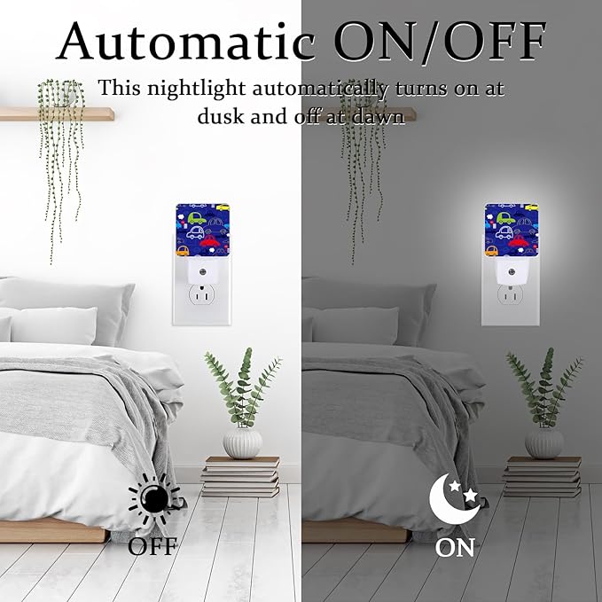 Cartoon Transport Night Light, Plug-into Wall Blue Cars Trucks Nightlight Lamp with Dusk to Dawn Sensor, Led Lamp 0.5W Energy Efficient for Boys Girls Adults Home Decor