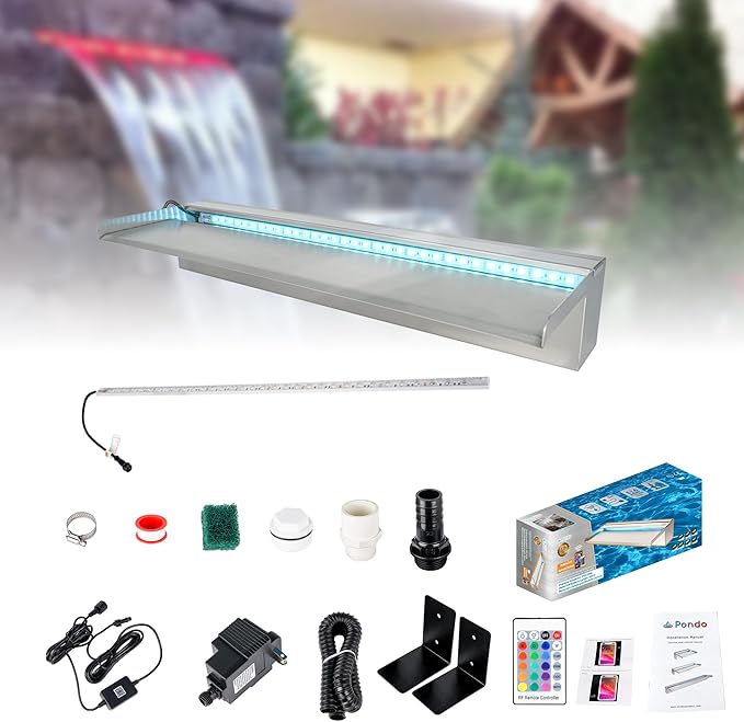 24'' APP 316 Stainless Steel Spillway with 16-Color LED Light Bar, Salt Water Corrosion Resistant Lighted Waterfall Pool Fountain Designed for Seawater Use, Waterfall Spillway for Garden Outdoor