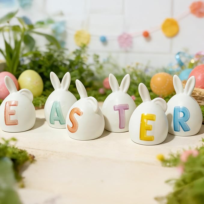 NEROSUN 6 Pack Easter Lettered Bunny Decorations, Ceramic Lighted White Rabbit Figurines Ornaments, Table Centerpiece for Easter Party, Spring Home Decor and Shelf Display