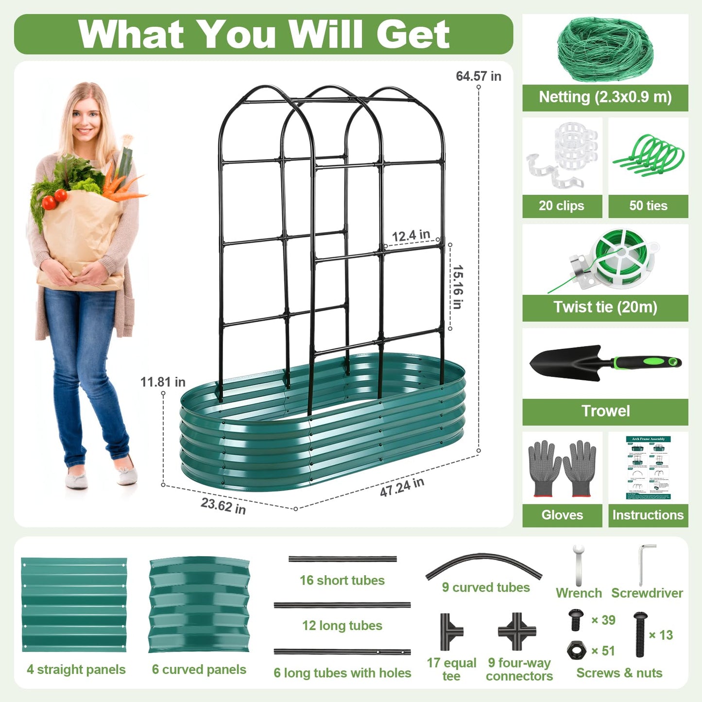 Raised Garden Bed with Arched Trellis, Galvanized Raised Garden Bed with Netting Plant Ties Gloves Trowel, Metal Planter Box Outdoor Drainage Design for Gardening Climbing Plant Vegetable Flower Fruit