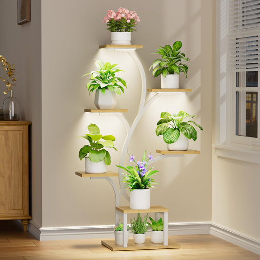 BACEKOLL Plant Stand Indoor with Grow Lights, 7 Tiered Plant Shelf Indoor, 49" Corner Plant Stands for Indoor Plants, Metal Plant Flower Display Shelf, Tree-Shaped Plant Rack for Home, Patio, White