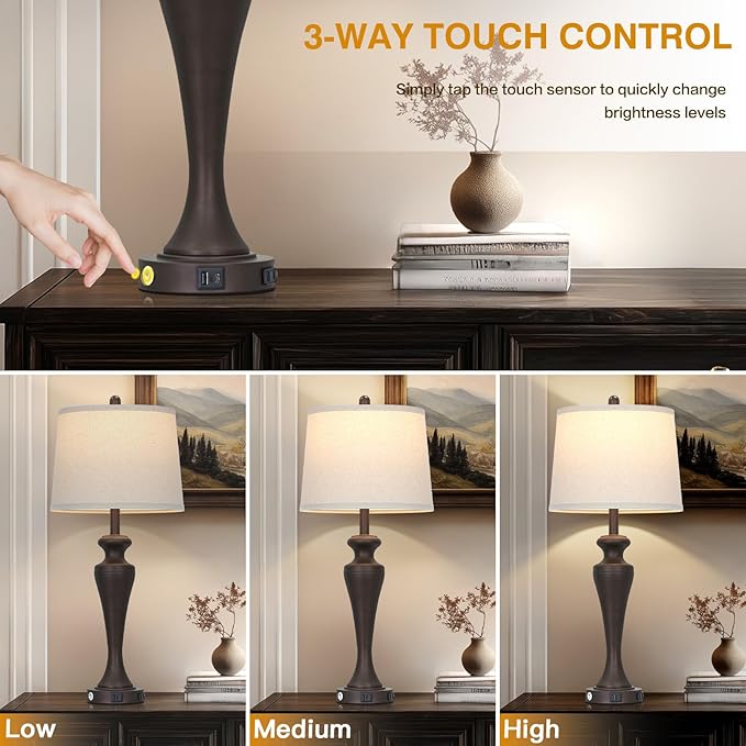 30 Inch Dark Brown Table Lamp Single, 3-Way Touch Control Bedside Lamp with USB A+C Ports and AC Outlet, Tall Living Room Lamps for End Table, Elegant Coffee Bedroom Lamps for Night stand, Coffee