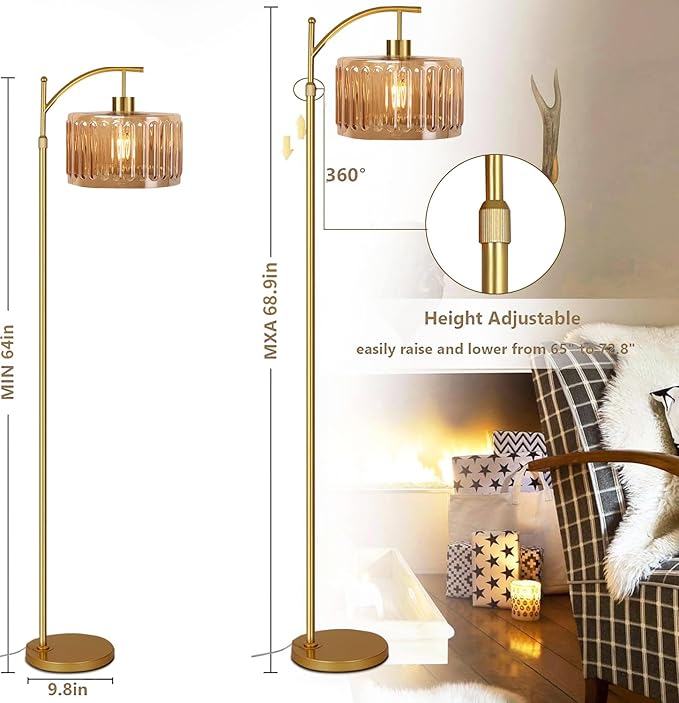 Floor Lamp for Living Room,Bedroom,Gold Dimmable Standing Lamp with Remote,Mid Century Modern Brass Tall Lamp Retro Vintage Glass Lamp Floor Light Boho Bohemian
