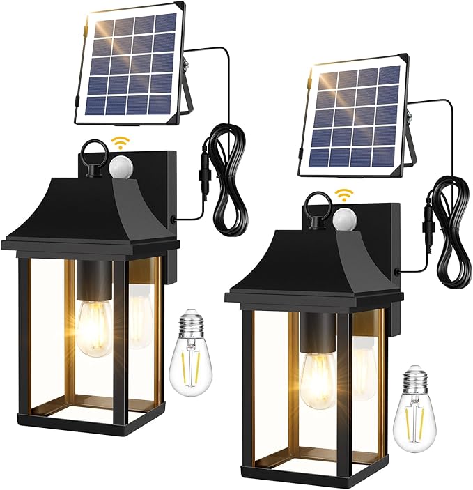 OKELI Porch Lights Outdoor Dusk to Dawn Motion Sensor Solar Wall Lantern Separate Panel & Battery Replaceable Exterior Waterproof Wall Sconce Lighting Lamp (Black A, 2 Pack)