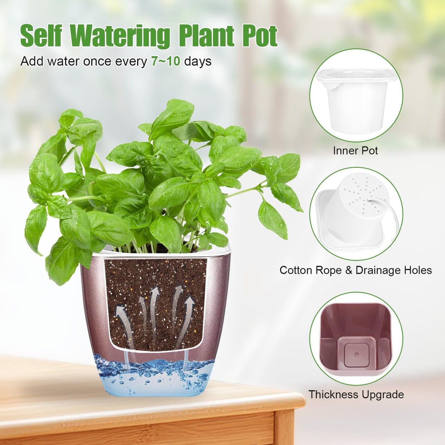 Oliz 8 Pack Self Watering Pots 4-inch Decorative Flower Planters for Indoor Plants Modern Square planters for Small Plants Window Sill Planters for Succulents, African Violets, Herbs(Rose Gold)